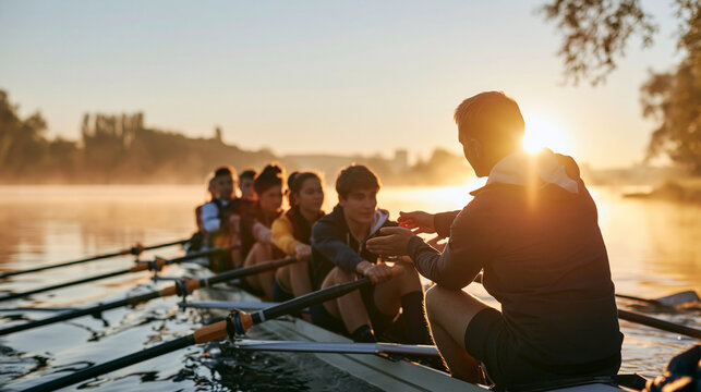 Coxswain guiding a rowing crew during training on the lake at sunrise, emphasizing teamwork and leadership
