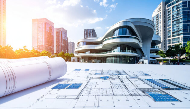 Futuristic architecture blueprint design showcasing modern residential building with unique structure and surrounding urban landscape