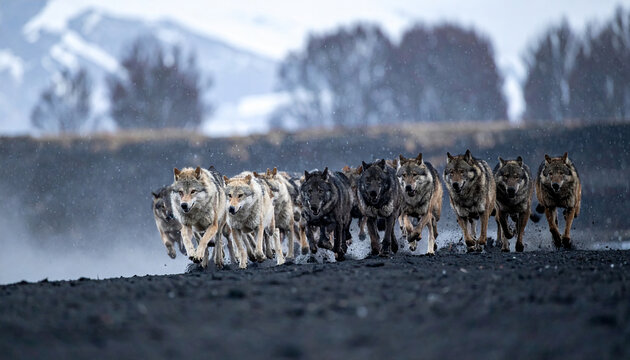 Determined wild wolf pack running through fierce winter storm, showcasing unity and strength in powerful landscape