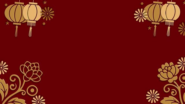 Chinese new year background motion with golden traditional lanterns and floral patterns on deep red wall.