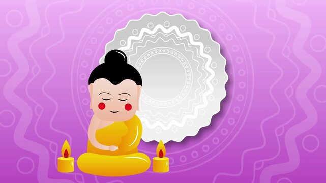 Cartoon buddha meditating peacefully on purple background with mandala pattern and glowing candles motion.