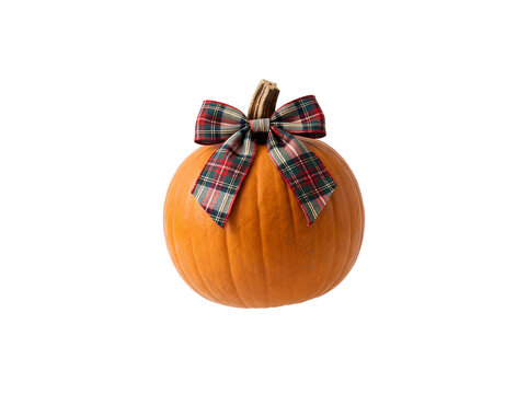 Orange Pumpkin with Red and Green Plaid Bow Isolated