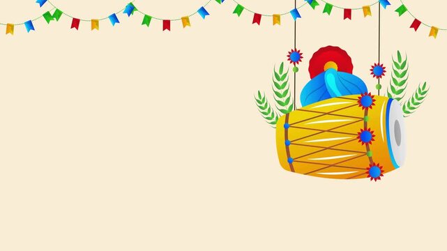 Baisakhi celebration with dhol drum and turban on festive background for punjabi harvest festival animation.