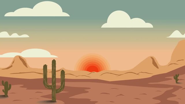 Tumbleweed rolling across arid desert landscape during golden sunset under scenic cloudy sky 2D animation.