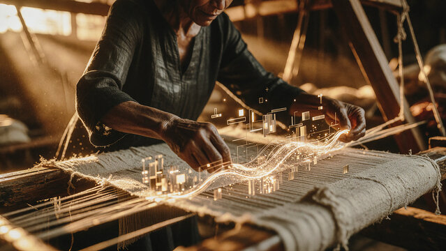 Weaver manipulates luminous digital wave patterns above a traditional wooden loom in a rustic workshop under warm sunlight. Glowing geometric shapes float amidst floating fiber strands.