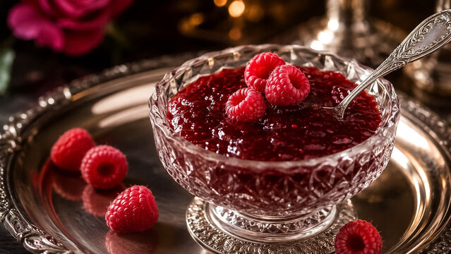 Raspberry jam serving in a textured glass bowl, garnished with fresh raspberries, sitting on an ornate silver platter
