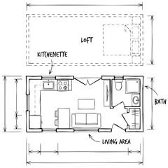 Floor plan of a tiny house with a kitchenette, living area, and loft hand drawn © MdAsiful