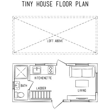 Tiny house floor plan with loft above, kitchen, bathroom, and living area hand drawn