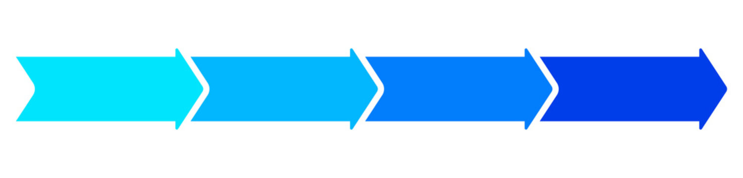 Four-step cyan to blue gradient chevron process banner pointing right, isolated on a solid black background.