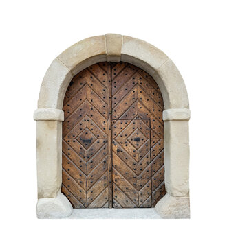Old wooden door isolated on white background with clipping path