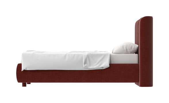 Modern upholstered bed frame with white linens and a single pillow