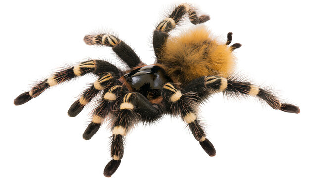 Fluffy tarantula spider with black and yellow striped legs