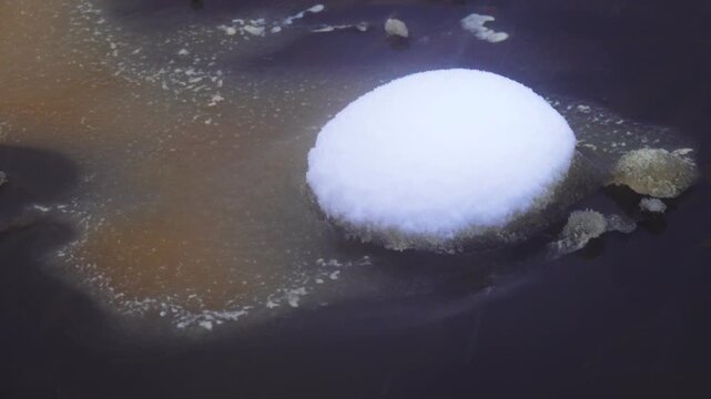 Snowfall, sludge ice. Sleet in early spring in northern Europe. Melted canals and lakes with rotten snow. Snow mushroom, snowcap