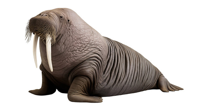 Large walrus with tusks and whiskers on white