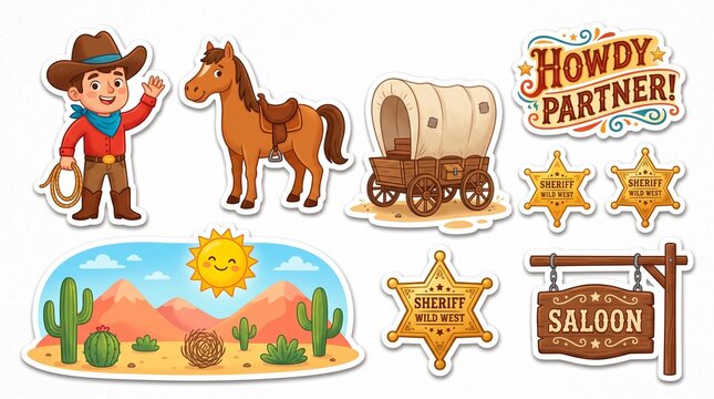 A cheerful vector sticker sheet featuring Western and cowboy-themed illustrations like a friendly cowboy, horse, wagon, desert landscape, and a saloon sign.