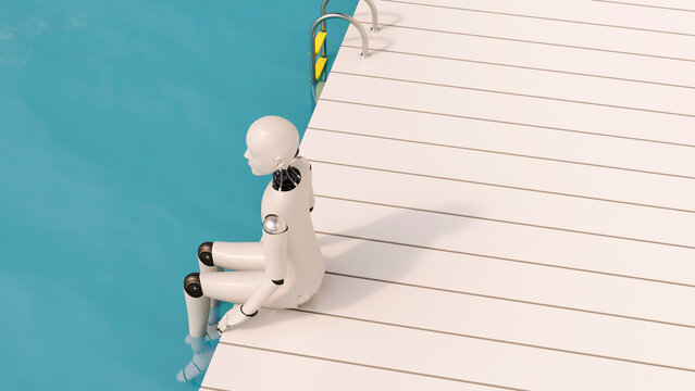 Robot sitting on pier, 3D Rendering
