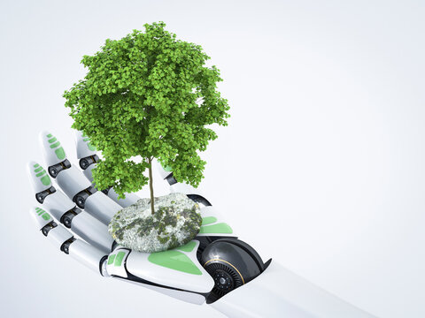 3D Rendering, robot hand holding tree