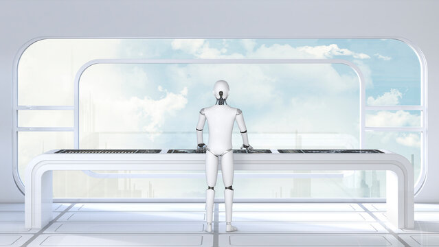 Roboter working in futuristic room, 3D Rendering