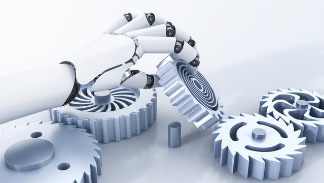 Robot hand reaching for cogwheels