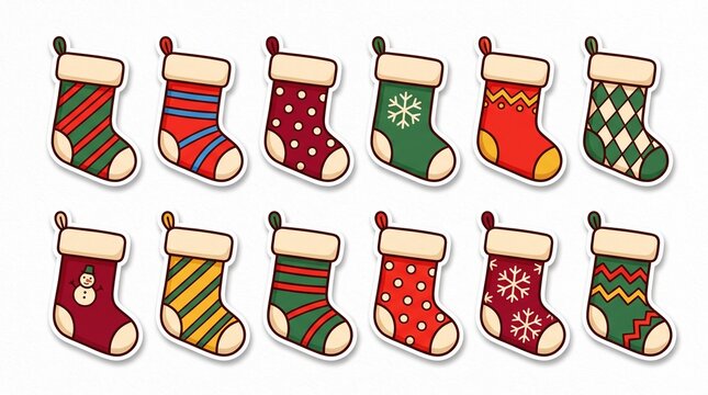 Twelve illustrated Christmas stockings arranged in two rows, featuring festive patterns like stripes, polka dots, snowflakes, and a snowman on a white background.