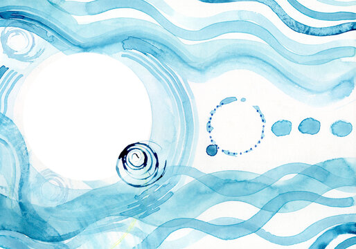 Abstract blue watercolor waves form a background with copy space