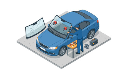 Naklejka premium Professional Automotive Technician Performing Windshield Repair and Glass Replacement in an Isometric Garage Workshop Setting