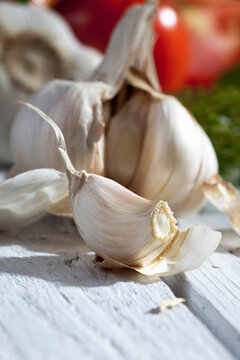 Garlic and herbs, close up