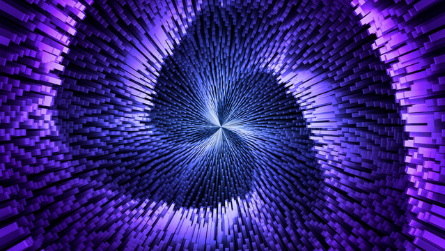 A purple geometric vortex radiates futuristic digital energy