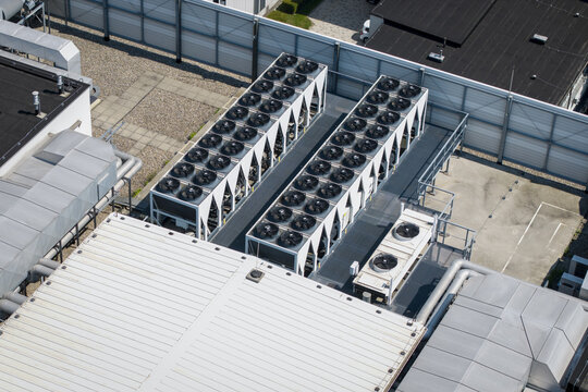Aerial view of the cooling units on the rooftop of an AI data center in Krakow, Lesser Poland Voivode, Poland.