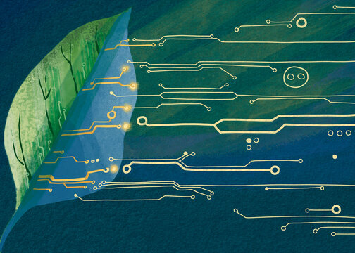 Green tech illustration of a leaf revealing a digital circuit board
