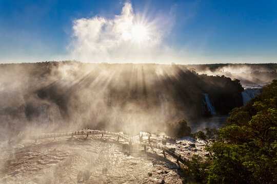 South America, Brazil, Parana, Iguazu National Park, Iguazu Falls against the sun
