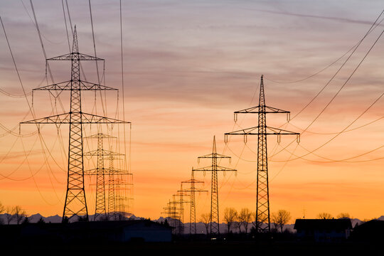 Germany, Bavaria, Pylons at sunset