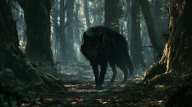 Brave black wolf stalks the dark forest.