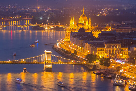 Hungary, Budapest, Buda and Pest, Danube river, Chain bridge, Elisabeth Bridge and Parliament building, blue hour