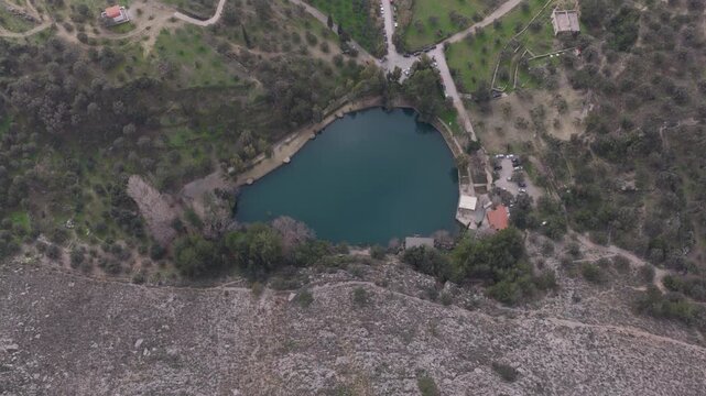 Top Down Aerial View of Zaros Lake in Crete, Greece