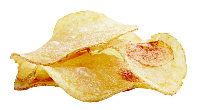 Crispy golden potato chips with brown spots