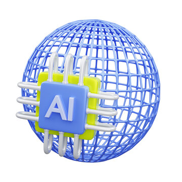 3D AI Globe Network Icon PNG, Artificial Intelligence Technology Concept Isolated on Transparent Background
