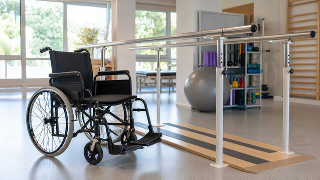 Rehabilitation setup with wheelchair for joint mobility and physiotherapy exercises, featuring parallel bars and exercise equipment in a bright therapy room.