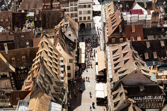 High angle view shows Rue Merciere in Strasbourg Old Town