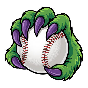 Green monster claw gripping a baseball with purple talons during a game on a transparent background