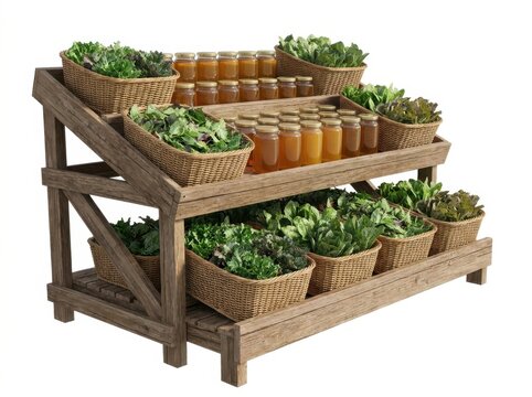 Artisan Market, Woven baskets of organic greens with raw wildflower honey jars on rustic display-2.jpeg 