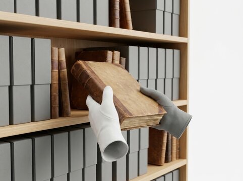 City Archives Library, Archivist handling preserved antique manuscripts on organized shelves