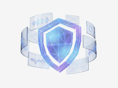Cyber Defense Analytics, Encrypted network shield surrounded by real-time monitoring panels