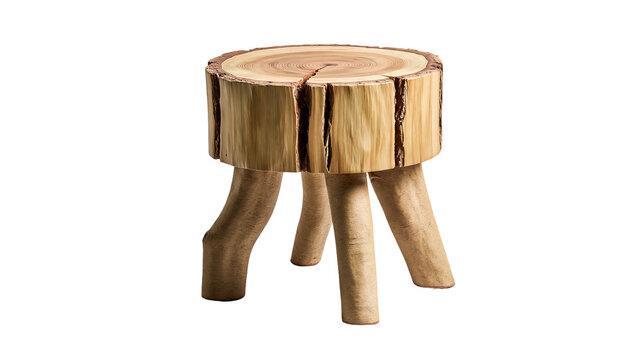 Rustic log stool with three wooden legs and natural bark texture