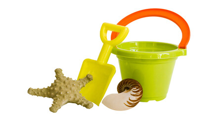 Green bucket yellow shovel starfish and shell on white © Thaddeus