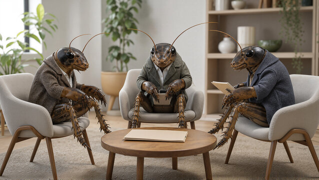 Three anthropomorphic cockroaches in business suits sitting on chairs discussing ideas around a coffee table. Cockroaches engaged in a meeting, creating a humorous,