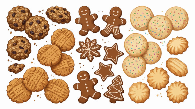 A festive collection of assorted holiday cookies, including gingerbread men, sugar cookies, and oatmeal cookies, perfect for seasonal celebrations