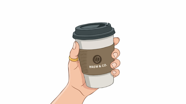 A hand holding a to-go cup of coffee, complete with a lid and a cozy