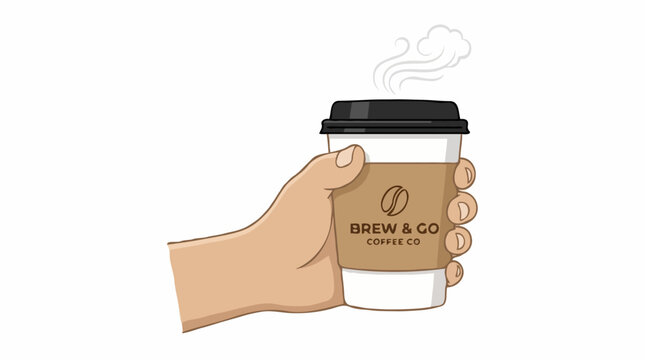 A hand holding a steaming cup of coffee from Brew & Go Coffee Co. with a coffee bean logo on the sleeve