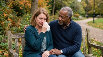 Fototapeta premium An elderly Black man embraces a weeping woman on a park bench. The woman is holding a tissue and crying, while the man offers comfort and support.